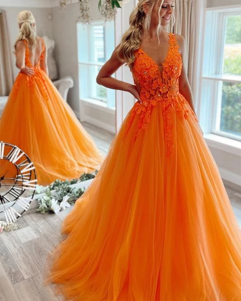 2025 Orange Lace Beaded Prom Dresses V Neck Tulle Sleeveless Evening Dress UK MyChicDress