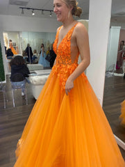 2025 Orange Lace Prom Dresses Floral V Neck Formal Evening Dress MyChicDress