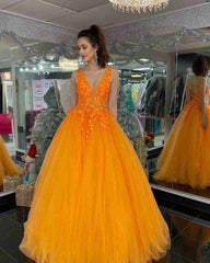 2025 Orange Lace Prom Dresses Floral V Neck Formal Evening Dress MyChicDress