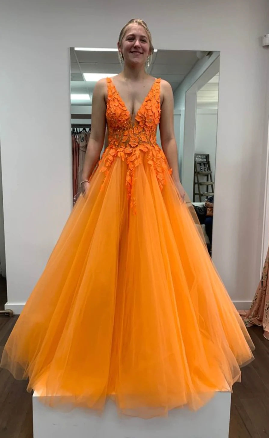 2025 Orange Lace Prom Dresses Floral V Neck Formal Evening Dress MyChicDress