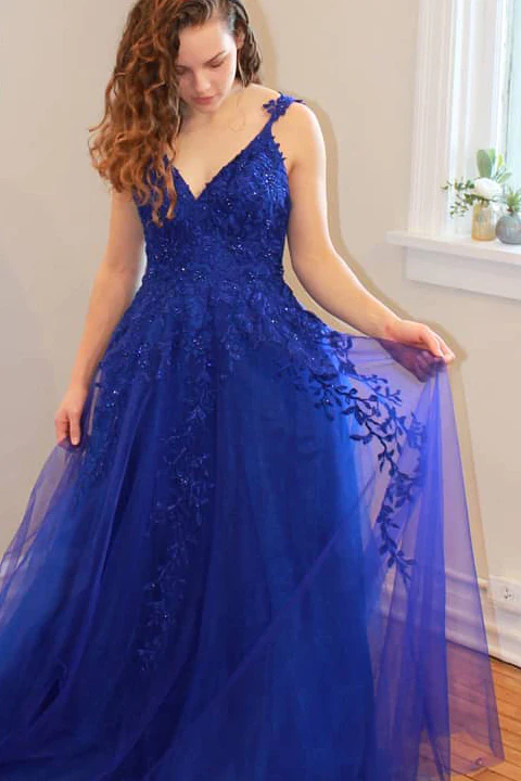 2025 Princess Long V Neck Dark Blue Prom Dress Lace Appliques Formal Gowns MyChicDress