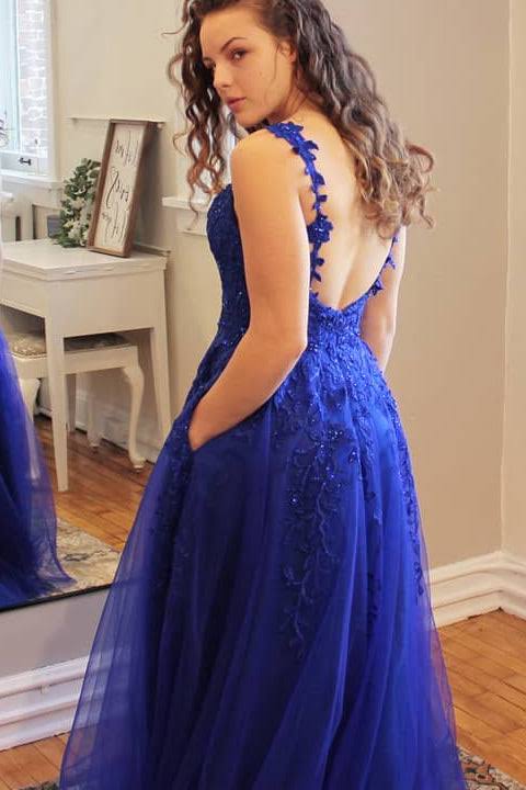 2025 Princess Long V Neck Dark Blue Prom Dress Lace Appliques Formal Gowns MyChicDress