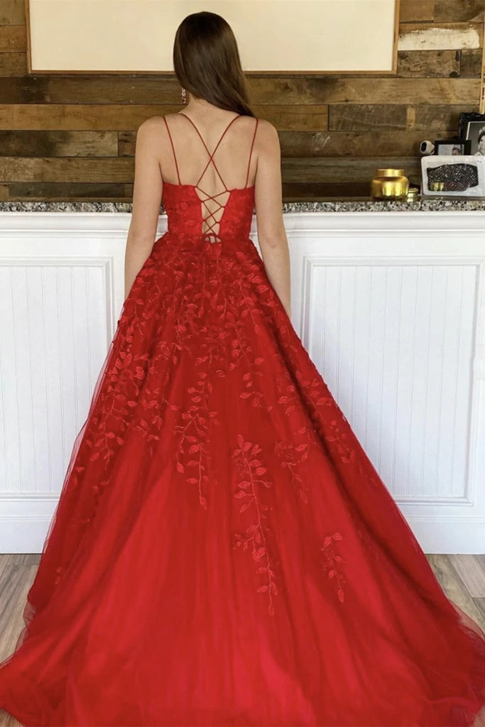 2025 Red Lace Prom Dresses A Line Floor Length Evening Gown MyChicDress