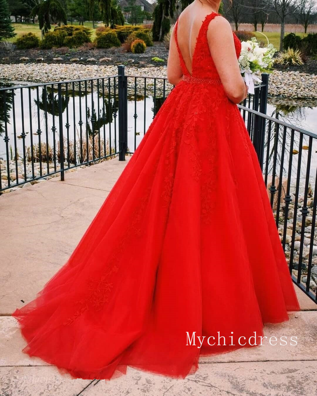 2025 Red Lace Prom Dresses Beading Belt A Line Tulle Evening Dress MyChicDress