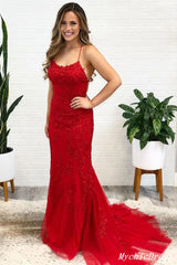 2025 Red Lace Prom Dresses Long Spaghetti Straps Cross Back MyChicDress