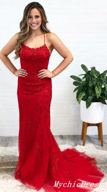 2025 Red Lace Prom Dresses Long Spaghetti Straps Cross Back MyChicDress