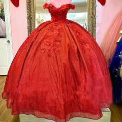 2025 Red Sweet 16 Dress Off The Shoulder Sequin Quinceanera Dresses 3d Floral MyChicDress