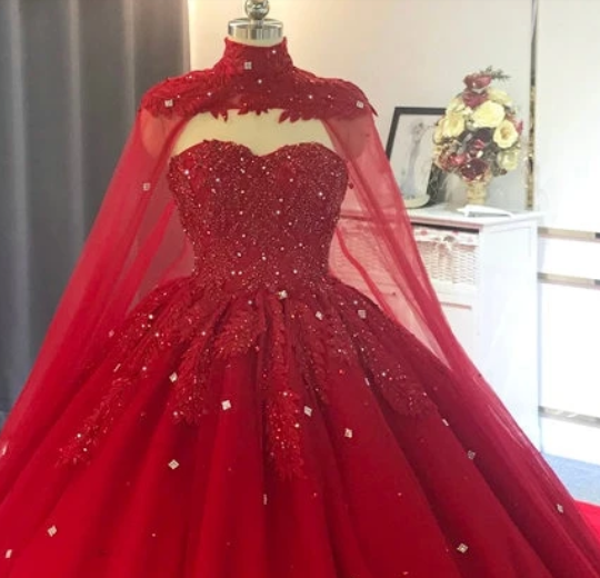 2025 Red Wedding Dresses Ball Gown Crystals Sweet 16 Quinceanera Dress MyChicDress