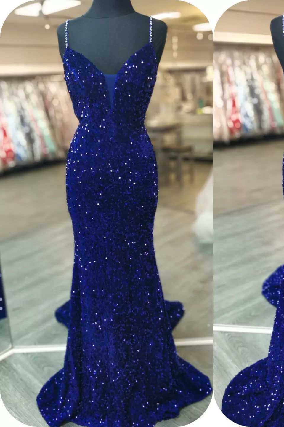 2025 Royal Blue Sequin Beaded Mermaid Prom Dresses Spaghetti Straps MyChicDress