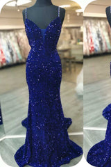 2025 Royal Blue Sequin Beaded Mermaid Prom Dresses Spaghetti Straps MyChicDress