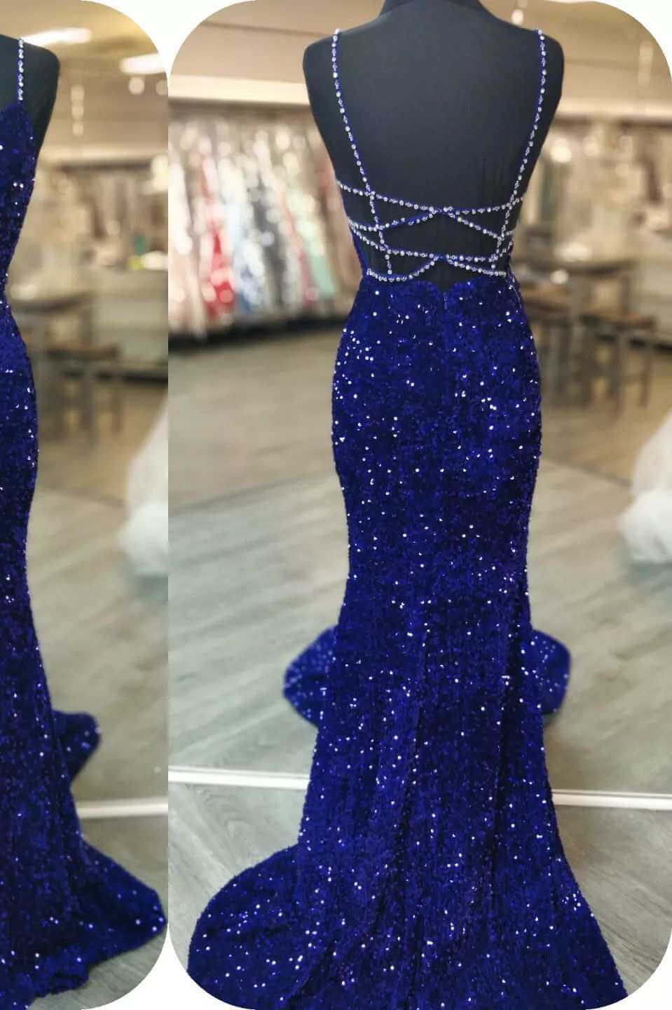 2025 Royal Blue Sequin Beaded Mermaid Prom Dresses Spaghetti Straps MyChicDress