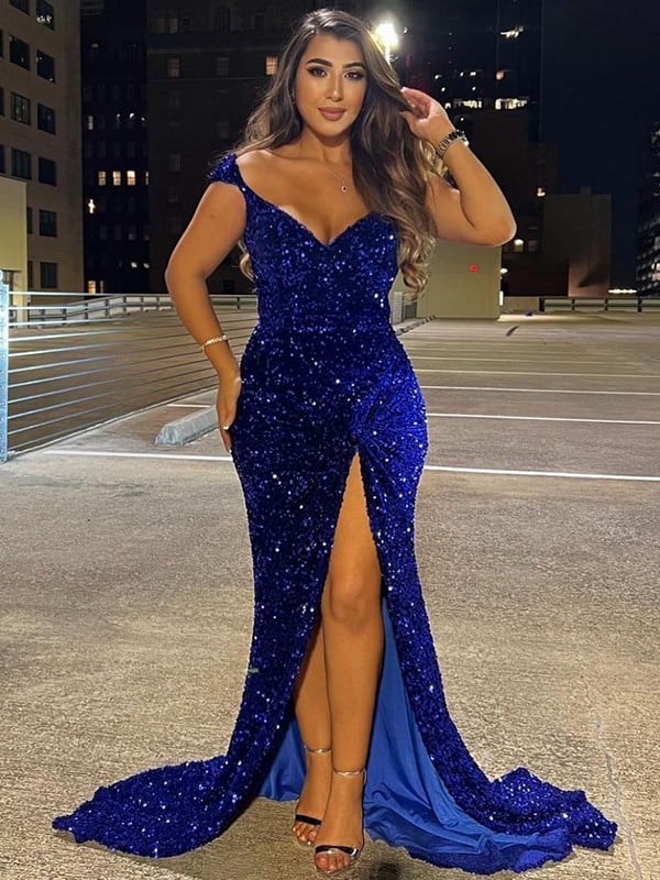 2025 Royal Blue Sequin Mermaid Prom Dresses Off the Shoulder Formal Gown Long MyChicDress