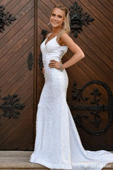 2025 Sequin Evening Dresses White Iridescent Mermaid V Neck Cheap Prom Dress MyChicDress