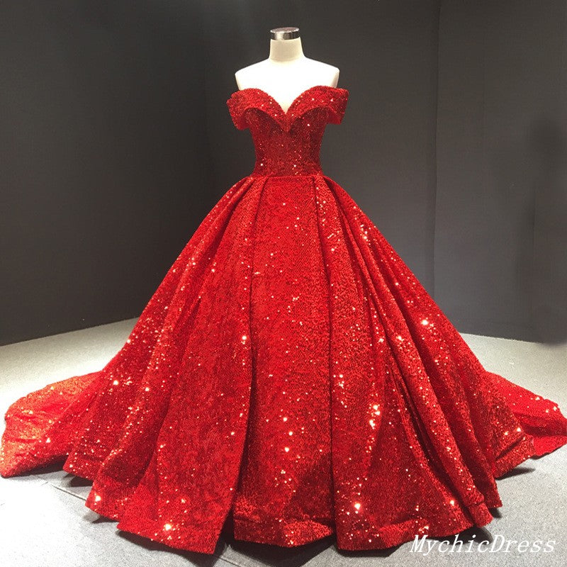 2025 Sparkly Red Ball Gown Wedding Dresses Sequin Off the Shouder Quince Dress MyChicDress