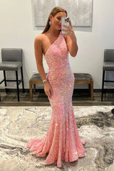 2025 Sparkly Sequins Mermaid Prom Dresses One Shoulder Long Formal Dress MyChicDress