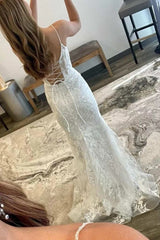 2025 White Lace Prom Dresses Square Neck Long Backless Mermaid Formal Dress UK MyChicDress