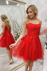 Simple Spaghetti Straps Red Lace Short Homecoming Dresses