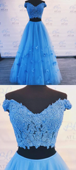 Light Blue 2 Piece Prom Dresses Off the Shoulder Flower Long Evening Gowns