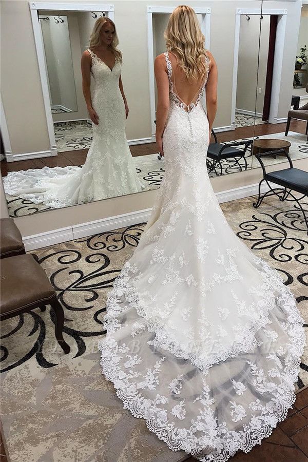 Gorgeous V Neck Backless Straps Mermaid Lace Wedding Dresses