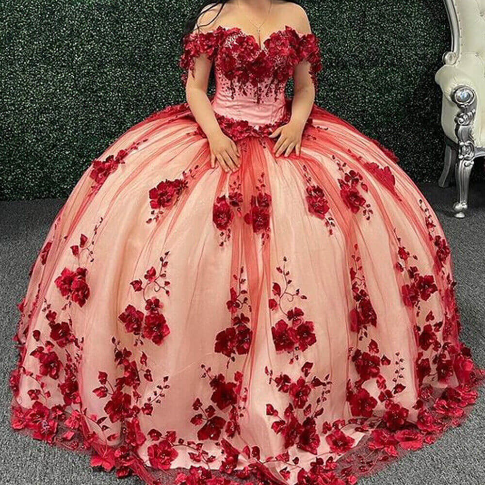 3D Flowers Dark Red Sweet 16 Dresses Off The Shoulder 2025 Quinceanera Dress MyChicDress