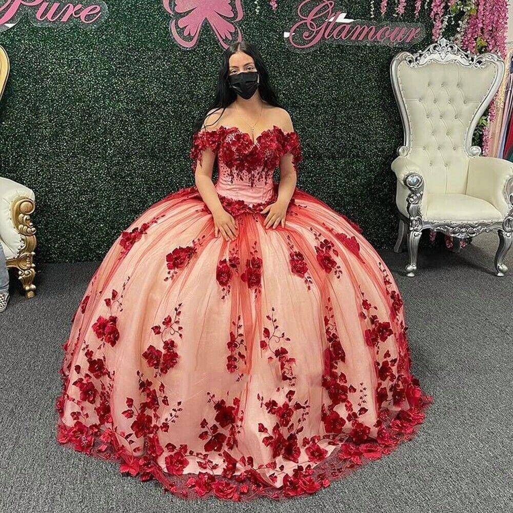 3D Flowers Dark Red Sweet 16 Dresses Off The Shoulder 2025 Quinceanera Dress MyChicDress