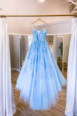 Real A Line Spaghetti Straps Sleeveless Blue Lace Prom Dresses