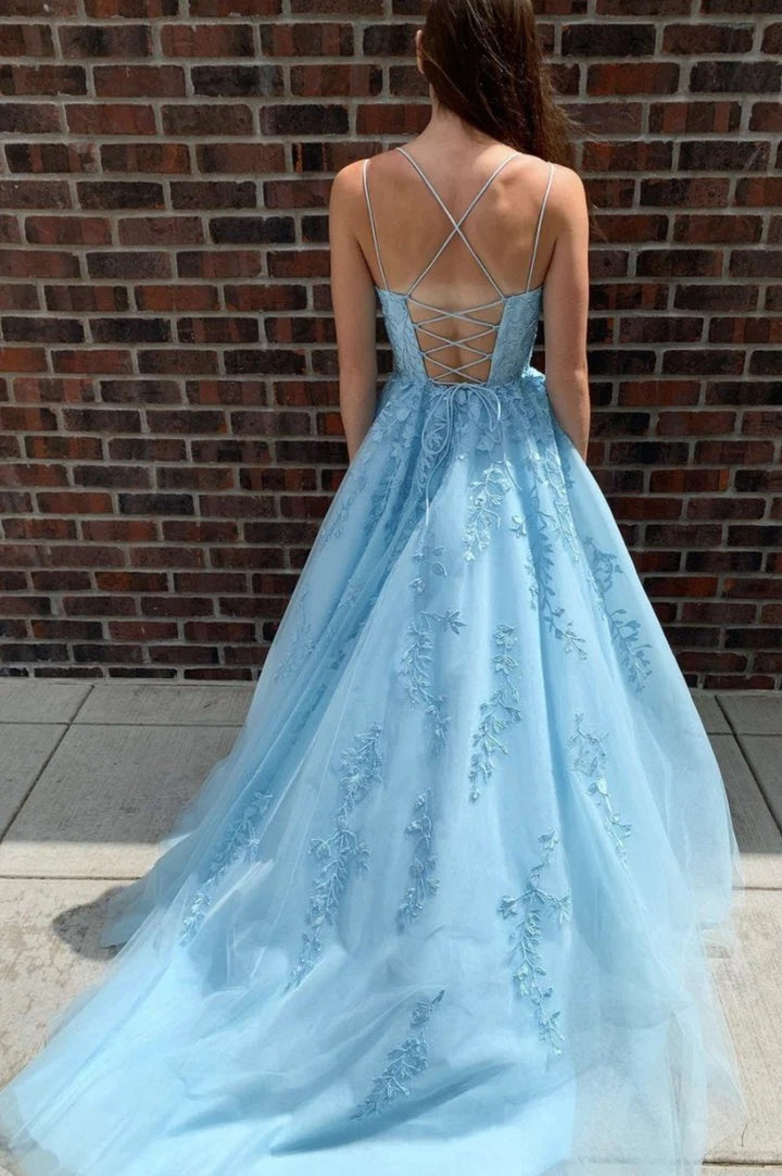 A Line 2024 Blue Graduation Dresses Lace Applique Long Prom Dress Cheap MyChicDress