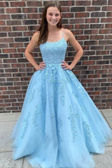 A Line 2024 Blue Graduation Dresses Lace Applique Long Prom Dress Cheap MyChicDress