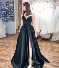 A Line 2025 Black Prom Dresses V Neck Evening Gown Spaghetti Strap MyChicDress