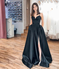 A Line 2025 Black Prom Dresses V Neck Evening Gown Spaghetti Strap MyChicDress