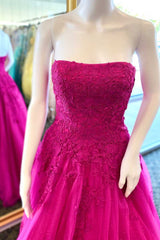 A-Line 2025 Burgundy Lace Prom Dresses Strapless Appliques Long Formal Dress MyChicDress