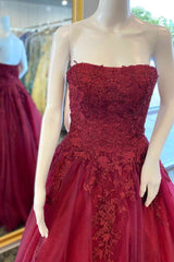 A-Line 2025 Burgundy Lace Prom Dresses Strapless Appliques Long Formal Dress MyChicDress