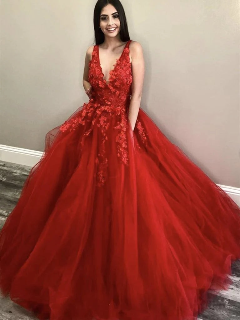 A Line 2025 Red Lace Floral Prom Dresses Tulle V Neck Long Evening Dress MyChicDress