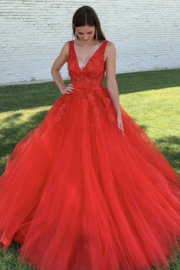 A Line 2025 Red Prom Dresses Lace V Neck Long Graduation 16 Dresses MyChicDress