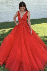 A Line 2025 Red Prom Dresses Lace V Neck Long Graduation 16 Dresses MyChicDress