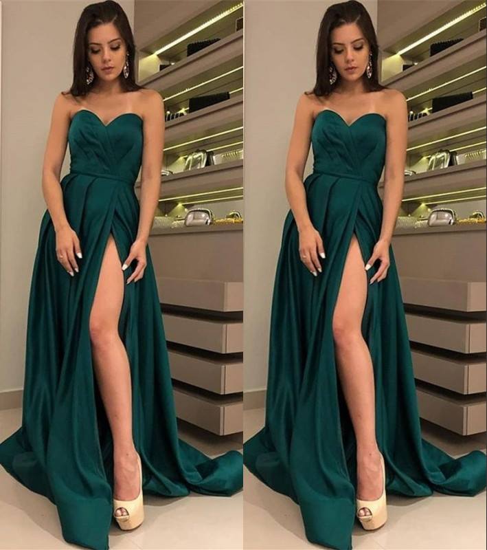 A-Line Satin Dark Green Prom Dress Side-Slit Sexy Evening Gown - MyChicDress