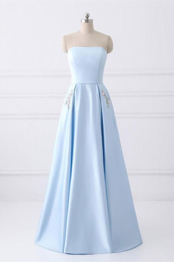 A Line Beaded Satin Long Homecoming Dresses with Pocket MyChicDress