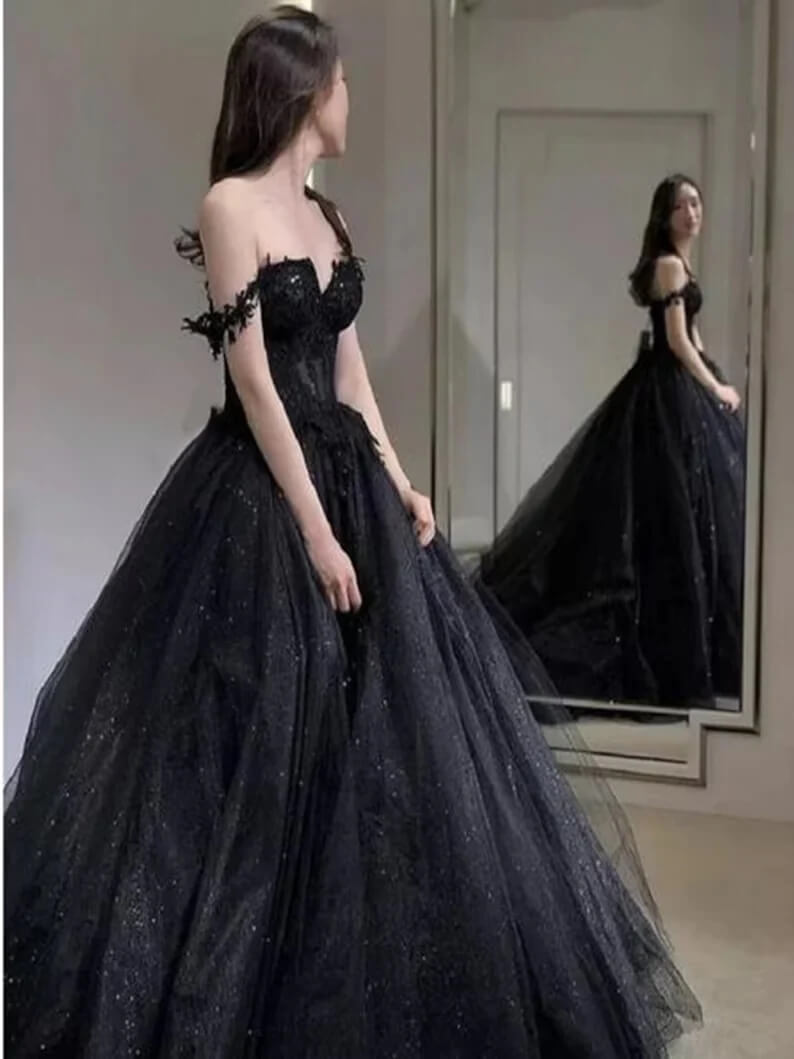 A Line Black Gothic Wedding Dresses Off the Shoulder Lace Tulle Bridal Wear MyChicDress