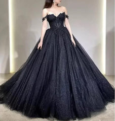 A Line Black Gothic Wedding Dresses Off the Shoulder Lace Tulle Bridal Wear MyChicDress