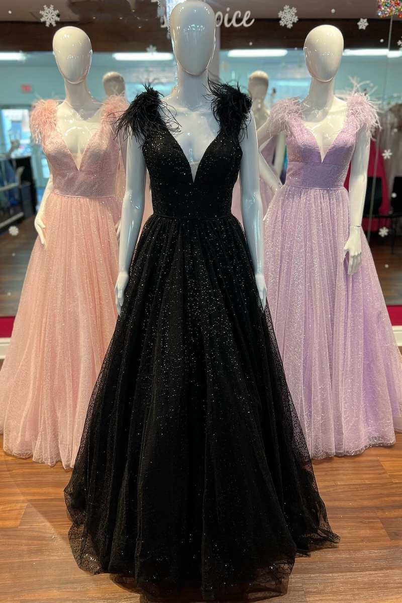 A Line Black Prom Dresses 2024 Sequin Feathers Graduation Dress with split MyChicDress