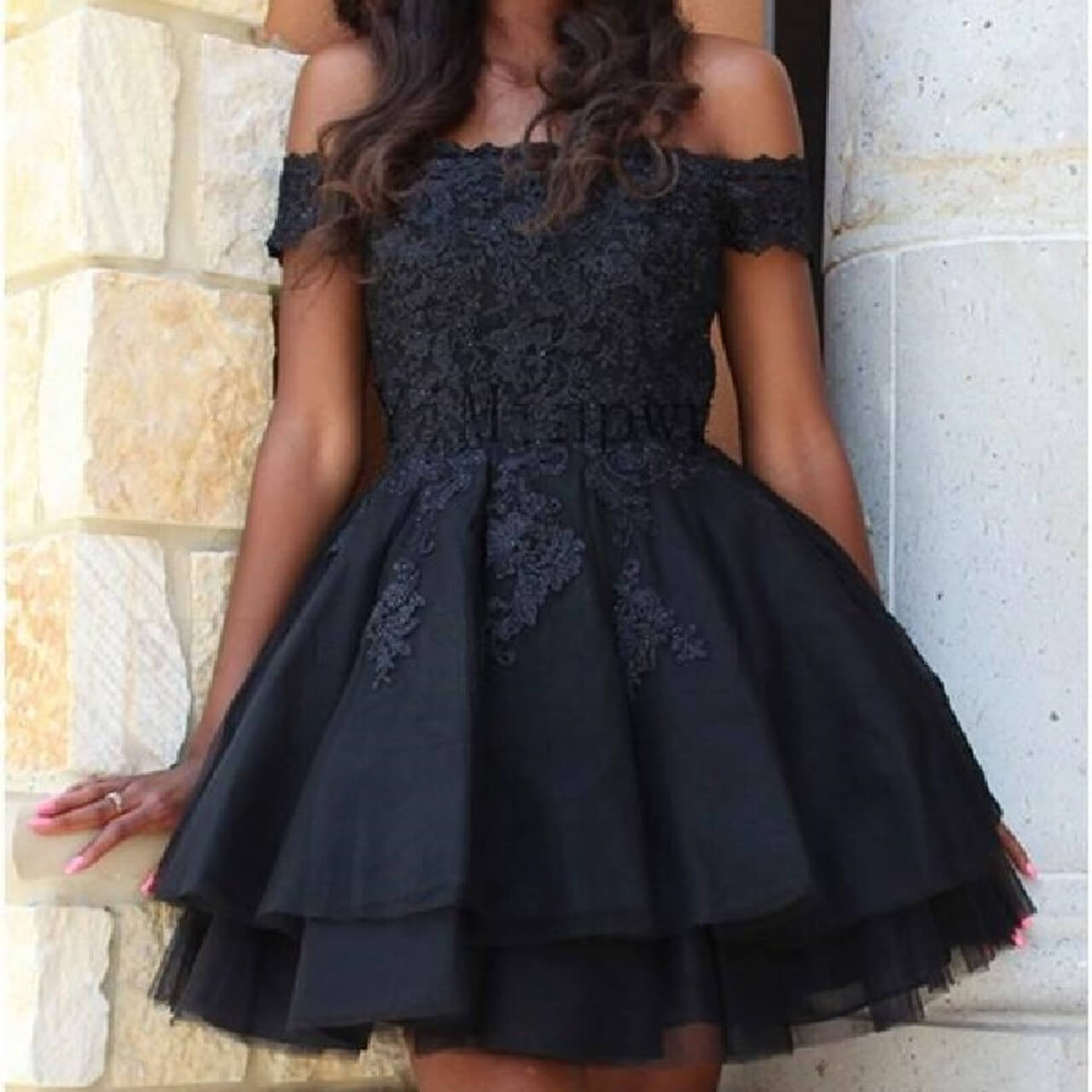 A Line Black Short Homecoming Dresses Lace Off the Shoulder Damas Dress MyChicDress