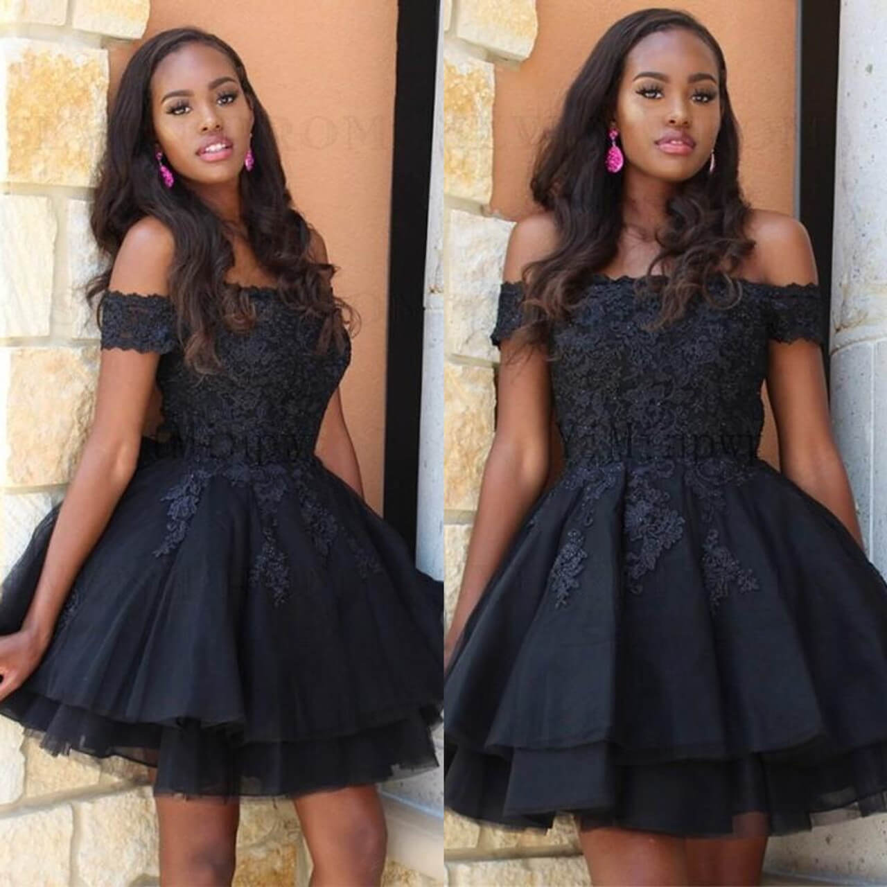 A Line Black Short Homecoming Dresses Lace Off the Shoulder Damas Dress MyChicDress