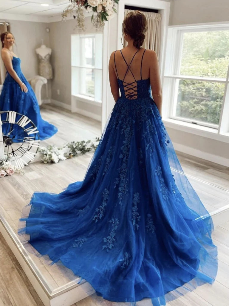 A Line Blue Lace 2025 Prom Dresses Cross Back Cheap Formal Evening Dresses MyChicDress