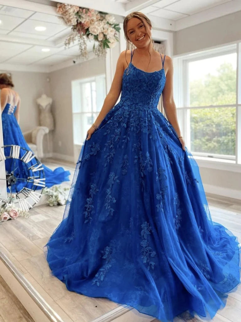 A Line Blue Lace 2025 Prom Dresses Cross Back Cheap Formal Evening Dresses MyChicDress