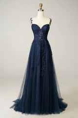 A Line Cheap Navy Blue Lace Prom Dresses Spaghetti Straps with Appliques MyChicDress