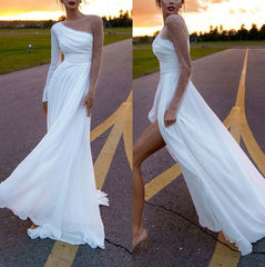 A Line Chiffon Pearls Long Sleeve Beach Wedding Dresses White MyChicDress