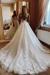 A Line Deep V Neck Lace Wedding Dresses Applique Brida Gown MyChicDress