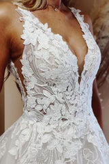 A Line Deep V Neck Lace Wedding Dresses Applique Brida Gown MyChicDress