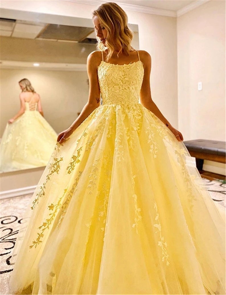 A Line Floor Length Lace Yellow Prom Dresses Spaghetti Straps MyChicDress