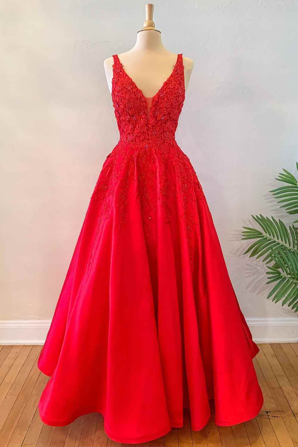 A-Line Floor Length Princess Red Long Formal Dresses Lace Floral V Neck MyChicDress